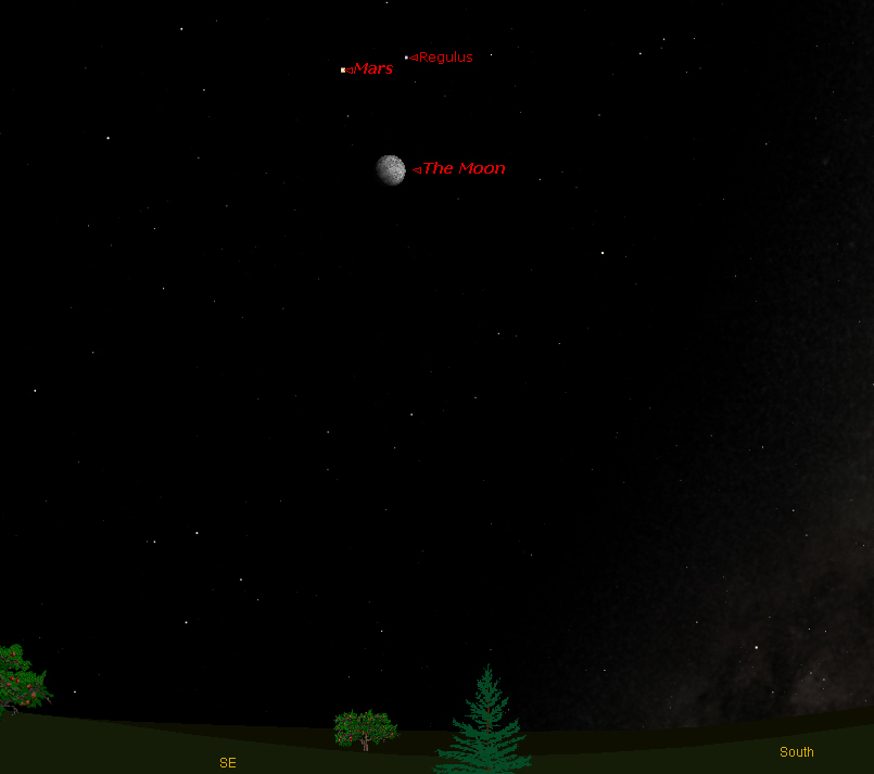 Mars Forms Triangle with Moon and Bright Star Tonight